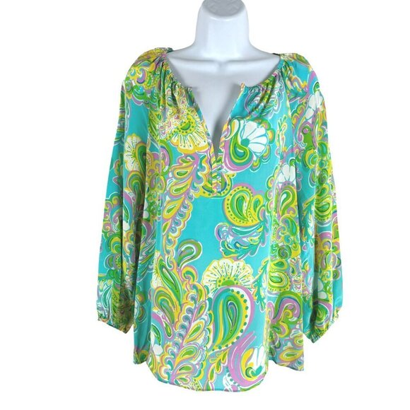 Lilly Pultizer Sarabeth Top XS Shorely Blue Double Trouble Silk NWT TP-2890 - Picture 3 of 11